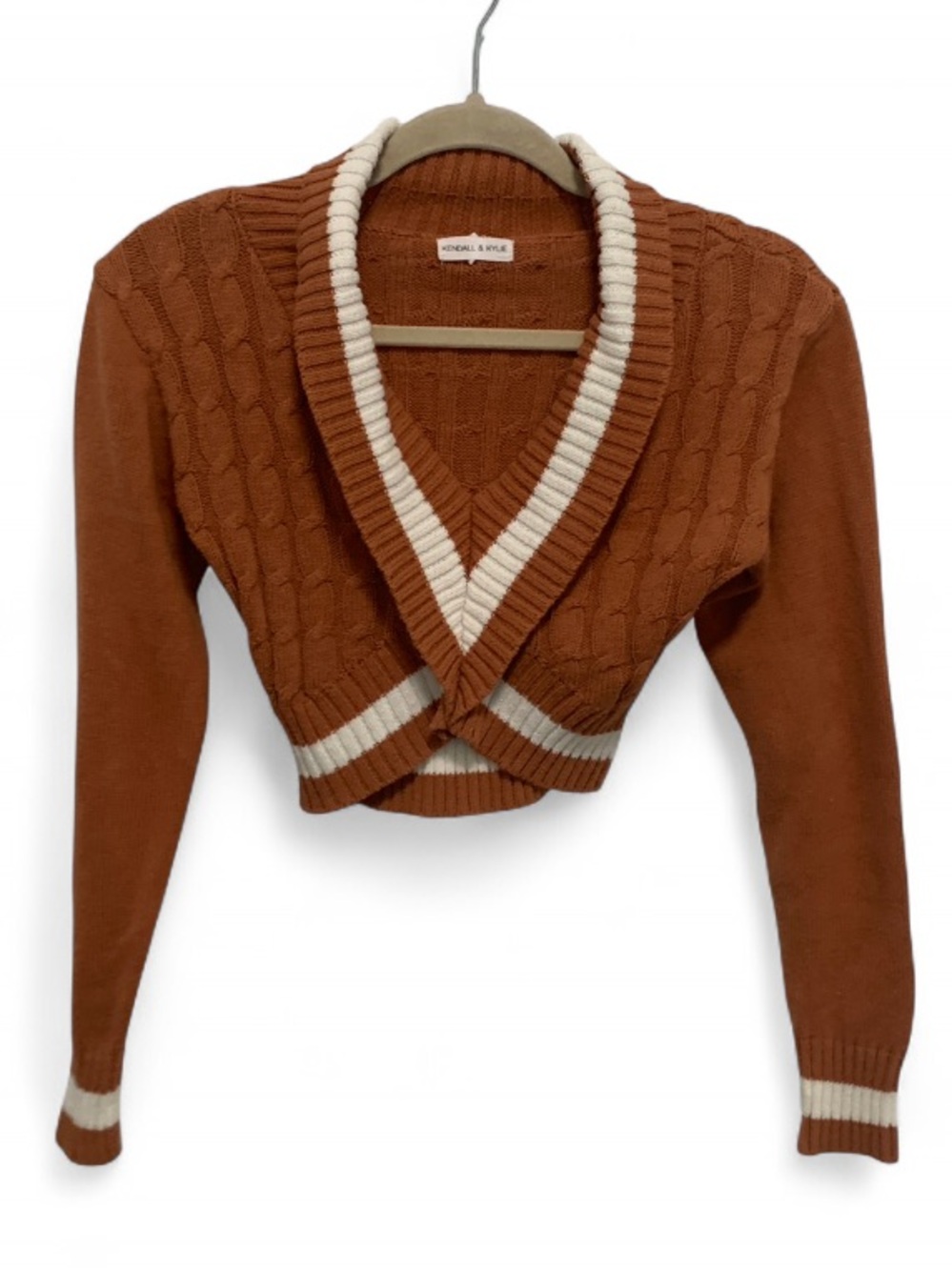 Kendall & Kylie Cropped V-Neck Cable Knit Sweater - Burnt Orange with Cream Trim